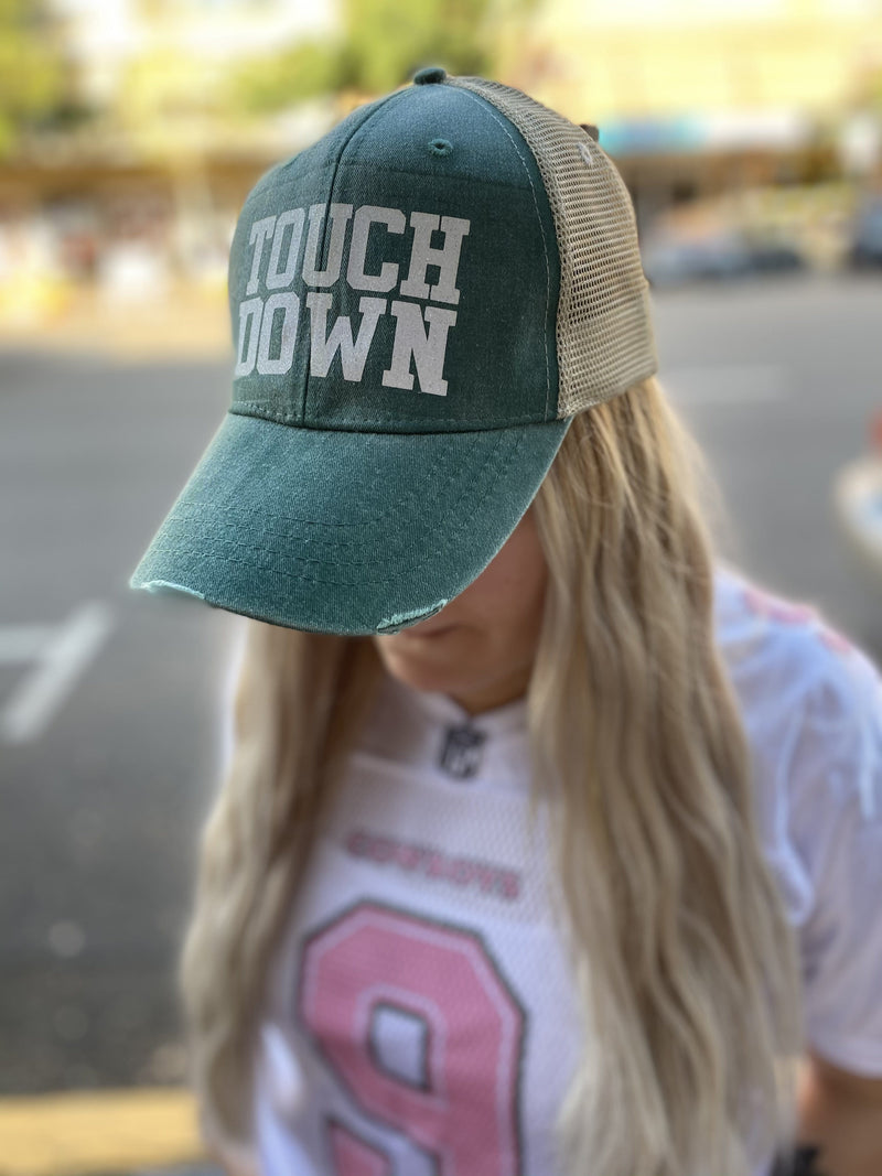 Football Hat - Green with White Glitter - TOUCHDOWN