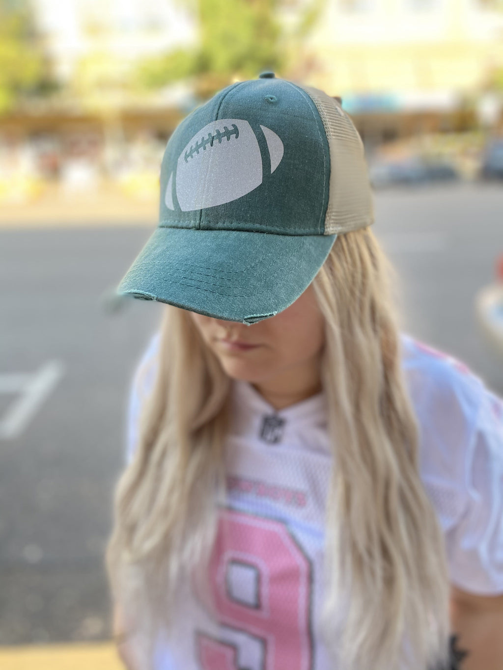 Football Hat - Green with White Glitter - FOOTBALL