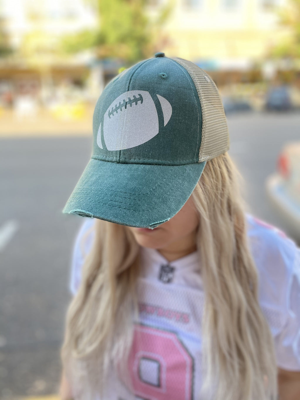 Football Hat - Green with White Glitter - FOOTBALL