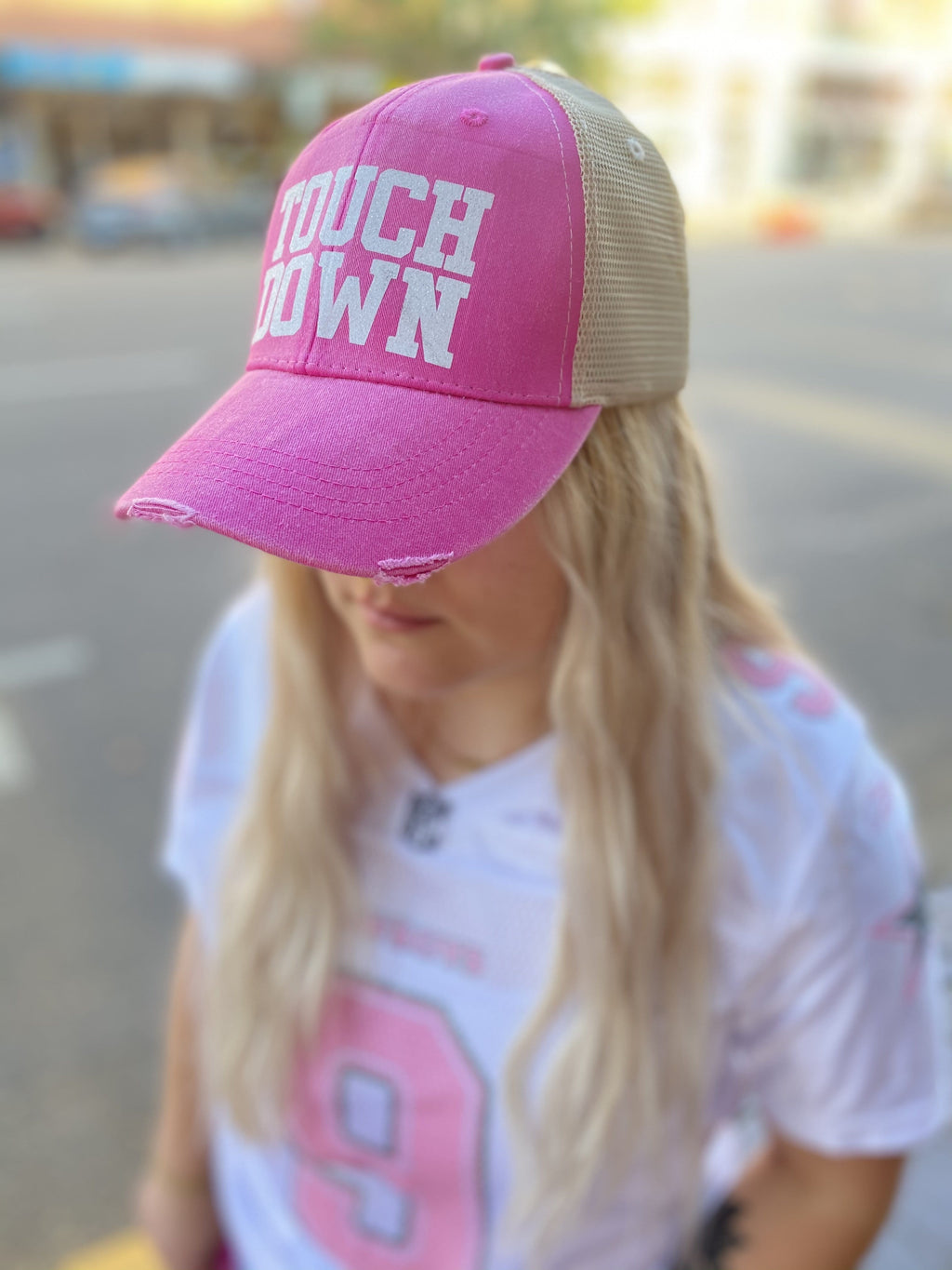 Football Hat - Pink with White Glitter - TOUCHDOWN