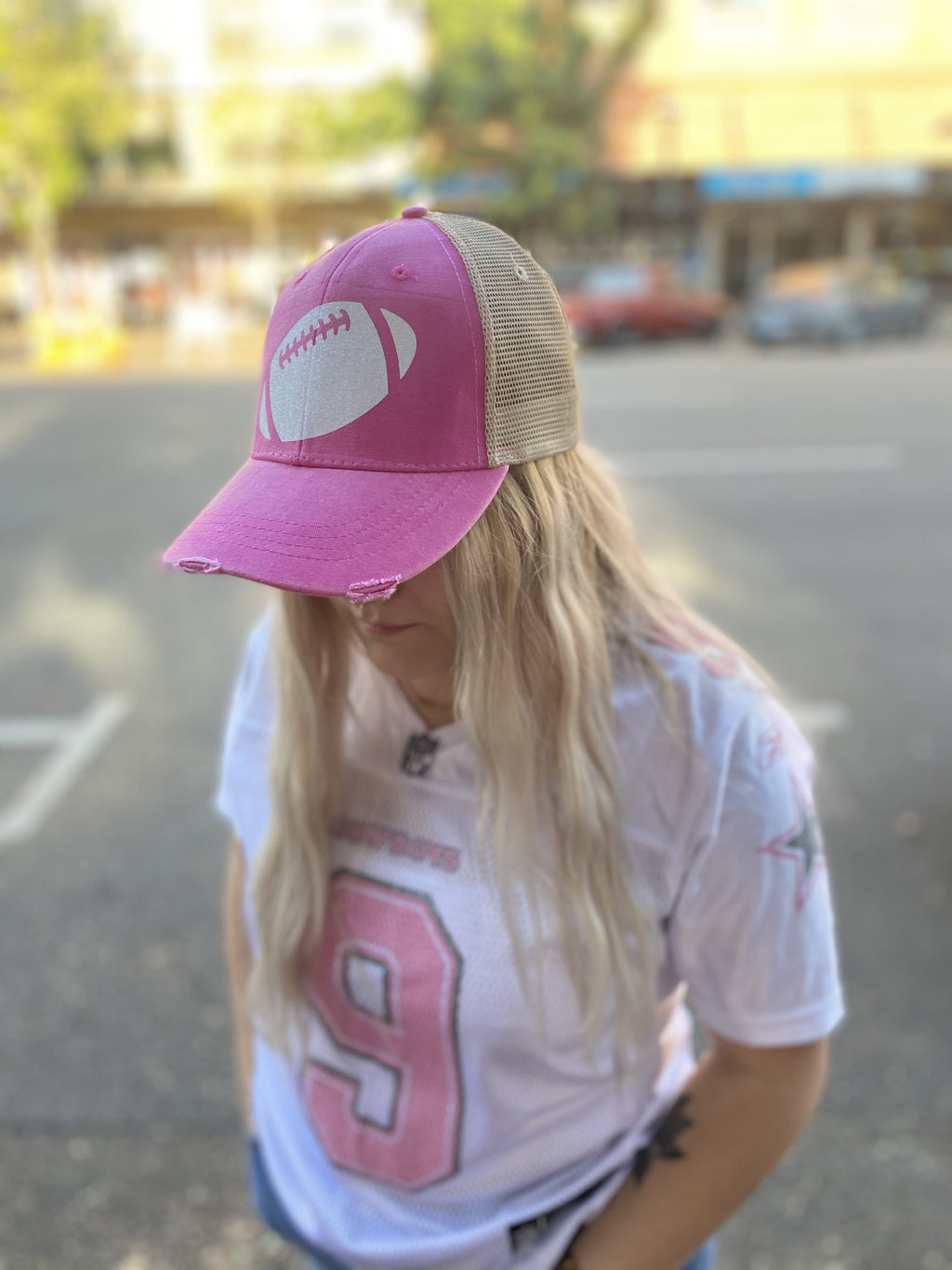 Football Hat - Pink with White Glitter - FOOTBALL